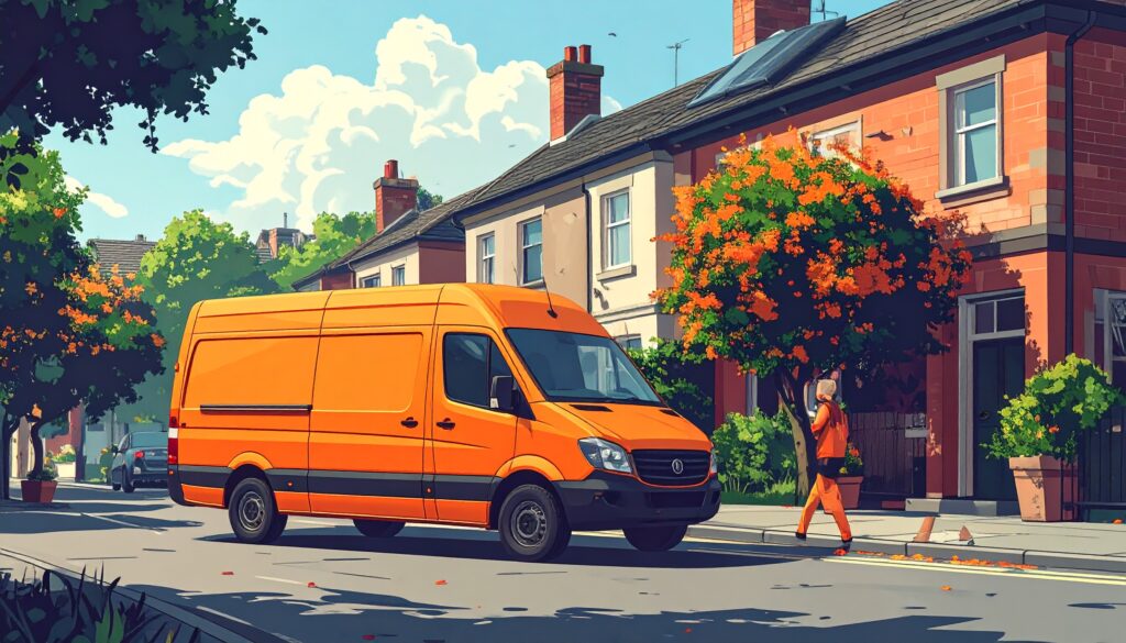 Illustration of a UK residential street with an orange In A Jam tradesperson van, representing eco-friendly local job dispatch