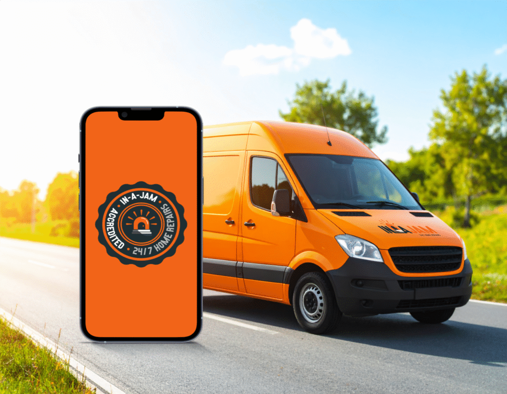 Orange In A Jam branded van on the road next to a smartphone displaying the In A Jam app logo, illustrating the carbon calculator feature